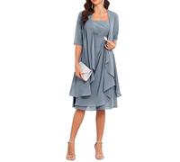 Robes de mère de la mariée avec veste 2 pièces à demi-manches longueur genou en mousseline de soie robe de mère du marié, Bleu poudré, 36