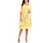 Robes de mère de la mariée avec veste 2 pièces manches mi-longues longueur genou en mousseline de soie robe de mère du marié, jaune, 46