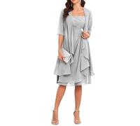 Robes de mère de la mariée avec veste 2 pièces manches mi-longues longueur genou en mousseline de soie robe de mère du marié, Argenté., 40