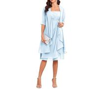 Robes de mère de la mariée avec veste 2 pièces manches mi-longues longueur genou en mousseline de soie robe de mère du marié, bleu clair, 44