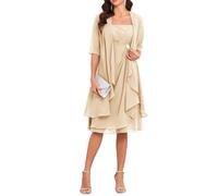 Robes de mère de la mariée avec veste 2 pièces manches mi-longues longueur genou en mousseline mère du marié, Champagne, 44