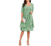 Robes de mère de la mariée avec veste 2 pièces mi-manches longueur genou en mousseline de soie robe mère marié, vert sauge, 44