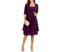 Robes de mère de la mariée avec veste 2 pièces mi-manches longueur genou en mousseline de soie robe mère marié, prune, 46