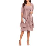 Robes de mère de la mariée avec veste 2 pièces mi-manches longueur genou en mousseline de soie robe mère marié, vieux rose, 50 Grande taille