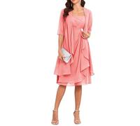 Robes de mère de la mariée avec veste 2 pièces mi-manches longueur genou en mousseline de soie robe mère marié, corail, 44