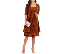 Robes de mère de la mariée avec veste 2 pièces mi-manches longueur genou en mousseline de soie robe mère marié, orange brûlé, 36