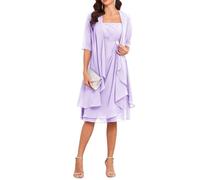 Robes de mère de la mariée avec veste 2 pièces mi-manches longueur genou en mousseline de soie robe mère marié, lilas, 50 plus