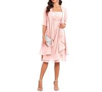 Robes de mère de la mariée avec veste 2 pièces mi-manches longueur genou en mousseline de soie robe mère marié, rose, 54 Grande taille