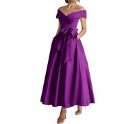 Robes de mère de la mariée en satin à épaules dénudées longueur thé robe d'invitée de mariage formelle avec nœud, violet, 42