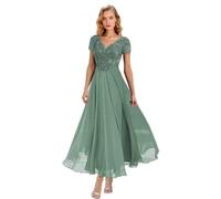 Robes de mère de la mariée pour mariage, longueur thé, appliques en dentelle, mousseline de soie, manches courtes, col en V, robes de soirée formelles pour femmes, Eucalyptus, 40