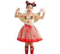 Robes de Noël en tulle pour filles, robe de Noël pour fille, ensemble de 3 pièces pour tutu d'anniversaire imprimé avec coiffe et ailes, robes tutu en wapiti dessin animé confortables