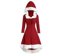 Robes de Noël Femme Manches Longues À Capuche Robe de Cocktail Costume Soirée Costume Festif Dress Grande Taille Col Rond Tunique Robes Déguisements Pere Noel Christmas Dress (#Light Red, XL)