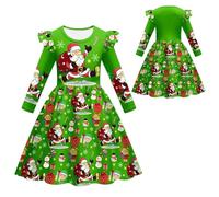 Robes de Noël pour enfants, robe à manches longues pour fille, col rond, manches volantes, robe de soirée avec imprimé amusant, robe de soirée Merry Christmas, ligne A, robe de fête de Noël, vêtements
