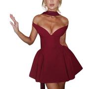 Robes de Pâques d'été pour femmes 2025 épaules dénudées Mini V A-line Volants Slim Fit Robe de soirée courte Robes, rouge x, M