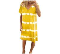 Robes de plage pour femmes UK Robe décontractée imprimée tie-dye à rayures et col en V Robe t-shirt ample (S à 3XL), jaune, L