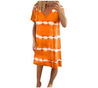 Robes de plage pour femmes UK Robe décontractée imprimée tie-dye à rayures et col en V Robe t-shirt ample (S à 3XL), Orange, L
