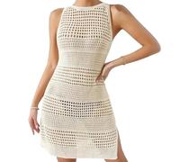 Robes De Plage Tunique de Plage tricotée au Crochet for Femmes, Cover-Up Sexy, Transparent, ajouré, col Rond, sans Manches, Robe for Bikini(M)