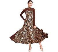 Robes De Spectacle De Danse De Salon Léopard pour Femmes Costume D'entraînement De Valse Moderne À Col Montant Tenue De Danse Tango Flamenco À Manches Longues en Maille Une Jupe Ligne,Léopard,L