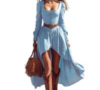 Robes décontractées for Femmes, Robe Longue à Manches Longues et col carré Bas, Robe Vintage des années 90, Robes d'été décontractées de Concert mi-Longues(Bleu Clair,XXL)