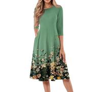 Robes décontractées pour femmes, robe d'été à manches 3/4, robe froncée, robe de vacances mi-longue avec poche, robes d'invitées de mariage pour femmes, Vert, S