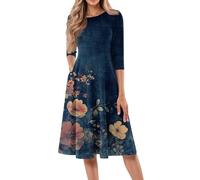 Robes décontractées pour femmes, robe d'été à manches 3/4, robe froncée, robe de vacances mi-longue avec poche, robes d'invitées de mariage pour femmes, bleu, 8-9ans(130 cm)