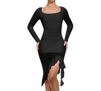 Robes décontractées Robe tricotée Femme Robe Pull Robe d'hiver Élégante Robe d'automne Robe Femme Casual Solid Dress Manches Longues Col U Ourlet Irrégulier Robe Décontractée Mince en Maille, Noir , S