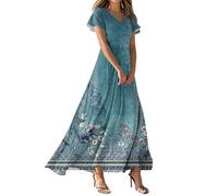 Robes d'été 2025 pour femmes, robe longue d'été à manches courtes, col en V, robe longue trapèze, robes d'invitées de mariage pour femmes, bleu ciel, XXL