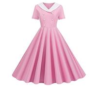 Robes d'été 2026 pour femmes, explosion du commerce extérieur, col en V, manches courtes, couleur unie, rétro, double boutonnage, grande robe trapèze, rose, M