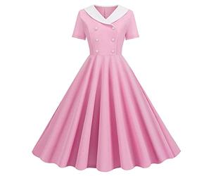 Robes d'été 2026 pour femmes, explosion du commerce extérieur, col en V, manches courtes, couleur unie, rétro, double boutonnage, grande robe trapèze, rose, M