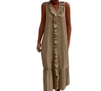 Robes d'été Décontractée Robe Ete Femme Coton Women's Summer Solid Color Sleeveless Dress Vest Dress Cotton and Linen V Neck Swing Robe Ete Femme écontractée en Lin et Cotton (Brown,S)