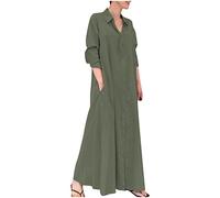 Robes d'été décontractées pour femmes, robe longue ample à manches longues en coton imprimé avec poches, robes midi pour femmes, vert militaire, L