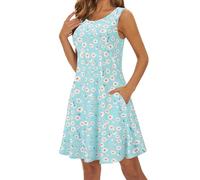 Robes d'été pour femmes 2025 imprimé printemps été ample décontracté col rond caraco sans manches gilet poche maillot de bain robe de plage robe blanche pour femme, bleu clair, S