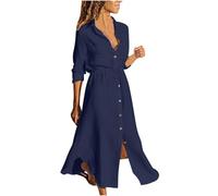 Robes d'été pour femmes 2025 - Robe chemise en lin pour femme - Robe décontractée - Robe longue unie - Tenues midi 2025 pour femme, bleu marine, 4XL