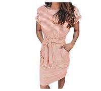 Robes d'été pour femmes avec poches, robe t-shirt d'été à nouer, robe décontractée à manches rayées, robe courte pour femme, robe noire pour femme, Orange, L