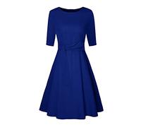 Robes d'été pour femmes, col rond froncé, robe trapèze à manches oscillantes, robe midi 3/4 pour femme, robe blanche pour femme, bleu, L