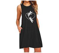 Robes d'été pour femmes imprimées sans manches coupe ajustée robe trapèze robe avec poche robe blanche pour femme, Noir , 5XL