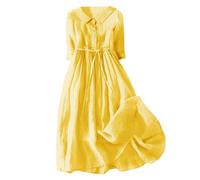 Robes d'été pour femmes, littéraire de couleur unie, revers en coton, longue robe décontractée pour femme, robes d'été pour femmes, jaune, XXL