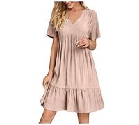 Robes d'Été pour Femmes Robe Boheme Chic Robe en Dentelle Plissée Ample Légère et Respirante Col en V Couleur Unie Taille Haute Décontractée Printemps et Été Robe de Soirée à la Mode et Charmante