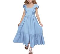 Robes d'été pour filles 2026 Élégante robe d'été pour filles avec col carré, sans manches et dos nu, pour les fêtes décontractées et décontractées Mini robe tendance, bleu, 12-13 ans