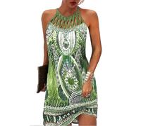 Robes d'été taille L imprimé tribal vert pour femmes 2025 Robes florales décontractées à col halter creux A-line pour la plage Vacances ensoleillées avec poches