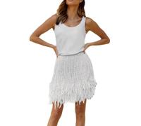 Robes d'invitées de mariage pour femme - Couleur unie - Gilet sexy - Jupe courte à pompons - Jupe courte en plumes - Deux ensembles de robes midi pour femme, blanc, L