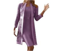 Robes d'invitées de mariage pour femmes deux pièces tenues mère de la mariée petite dentelle ajourée cardigan à manches longues + robe sans manches d'été élégante robe décontractée pour femme, violet,