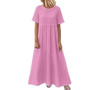 Robes d'invitées de mariage pour femmes, robe longue d'été décontractée ample à manches courtes avec poches, robe d'été pour femme, rose, M