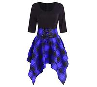 Robes d'invitées de mariage pour femmes, robe tartan en dentelle, col rond, imprimé tendance, asymétrique, robe à carreaux pour femmes, robe noire pour femme, bleu, M