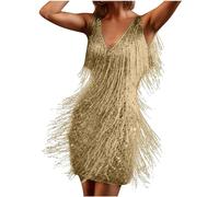 Robes Élégantes Col en V Profond Robe Sans Manches Jupe Crayon Franges Jupe Midi Décontractée Solide Élégante Robe de Soirée Robes d'été Femmes Grandes Tailles 54, or, L