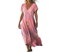 Robes en lin de coton pour femmes - Robes mi-longues A-line - Robes à col en V profond - Robes d'été à manches courtes - Robes imprimées fleuries - Robes longues jusqu'aux chevilles - Robes bohèmes