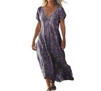 Robes en lin de coton pour femmes - Robes mi-longues UK - Robe droite - Robes avec col en V profond - Robes d'été à manches courtes - Robes imprimées fleuries - Robes chevilles - Robes boho