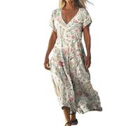 Robes en lin de coton pour femmes - Robes midi UK - Robe droite - Robe longue à col en V profond - Robes à manches courtes - Robes imprimées fleuries - Robes chemisier à longueur cheville - Robe
