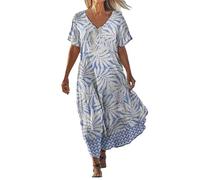 Robes en lin de coton pour femmes UK - Robes midi A-line - Robes à col en V profond - Robes d'été à manches courtes - Robes imprimées fleuries - Robes longues jusqu'aux chevilles - Robes boho