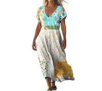Robes en lin de coton pour femmes UK - Robes midi A-line - Robes avec encolure en V profonde - Robes d'été à manches courtes imprimées de fleurs - Robes de plage légères pour l'été - Robes boho de